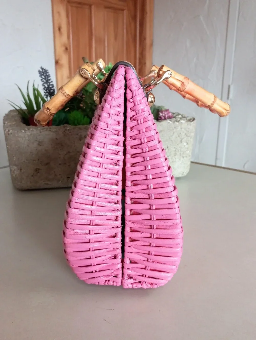 FRANCES VALENTINE Rooster Wicker Basket Satchel Bag, Pink